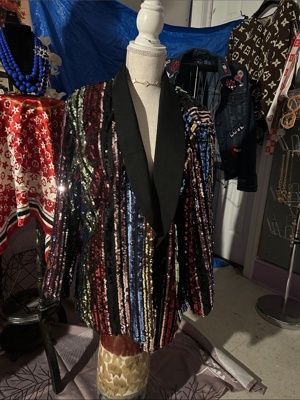 Sequin Striped Blazer Jacket - Multicolor